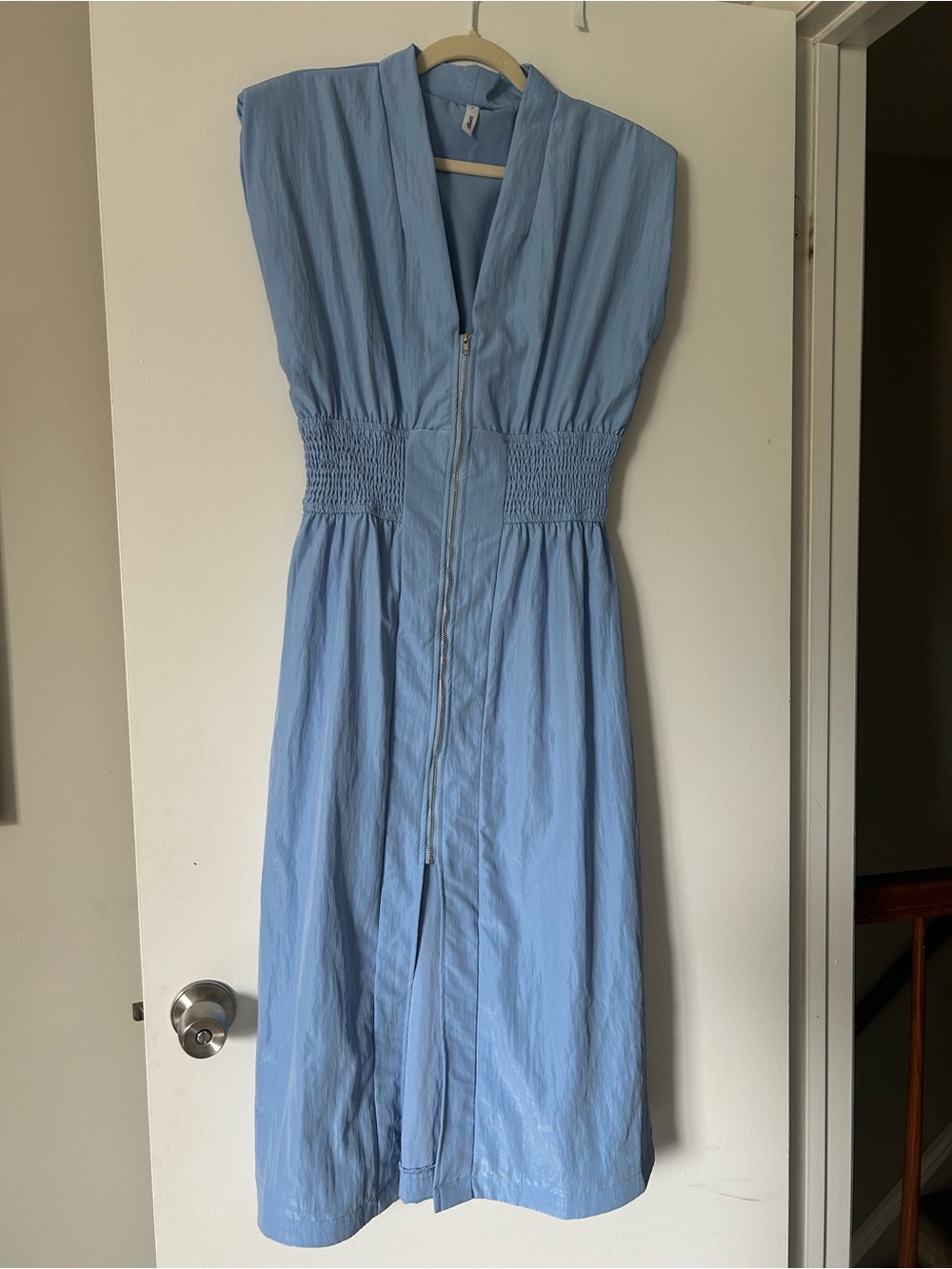 glam Light Blue Midi Dress with Smocked Waist and Front Zip